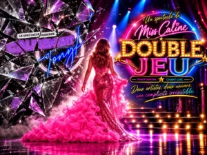 Transition de CALINEment TONYk à Double Jeu : ancien logo brisé comme un miroir, Miss Caline de dos sur scène et nouveau logo lumineux du spectacle.