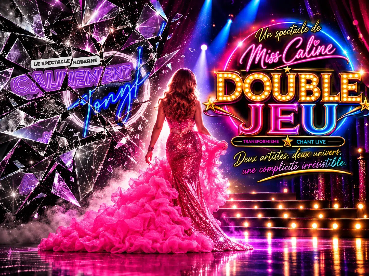 Transition de CALINEment TONYk à Double Jeu : ancien logo brisé comme un miroir, Miss Caline de dos sur scène et nouveau logo lumineux du spectacle.