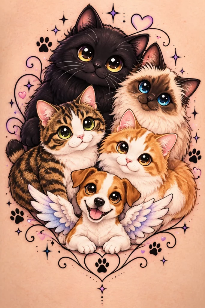 Illustration des quatre chats de Miss Caline entourant Vegas, sa chienne disparue, représentée avec des ailes d'ange.