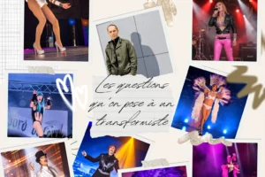 Montage photo de Miss Caline dans différents costumes de spectacle transformiste, avec un portrait de Pascal sans maquillage.