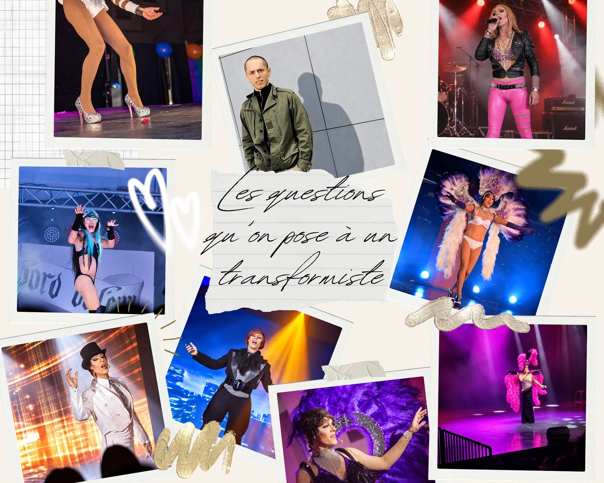 Montage photo de Miss Caline dans différents costumes de spectacle transformiste, avec un portrait de Pascal sans maquillage.